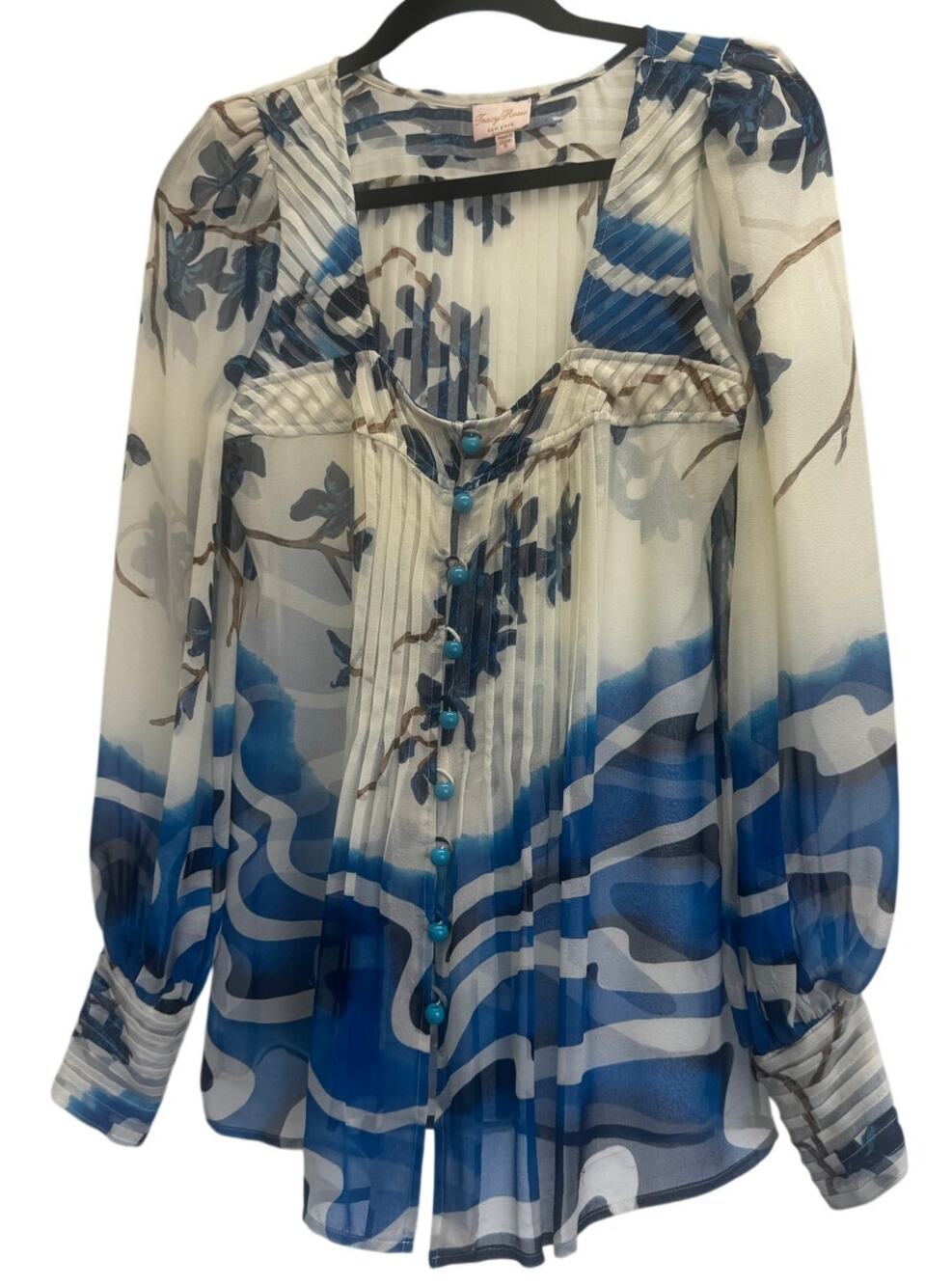 Tracy Reese New York silk blouse, blue/cream watercolor floral print, size S